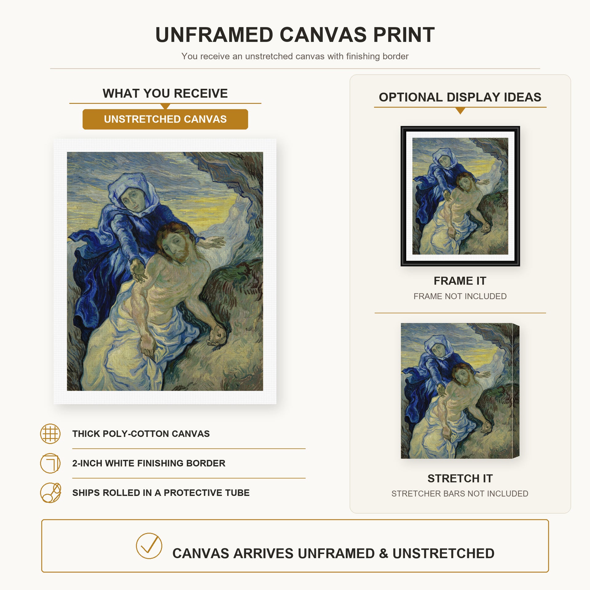 Vincent van Gogh - Pieta canvas print size comparison and framing display infographic