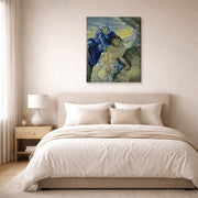 Gallery-wrapped canvas print of Vincent van Gogh's Pieta displayed on a wall in a bedroom