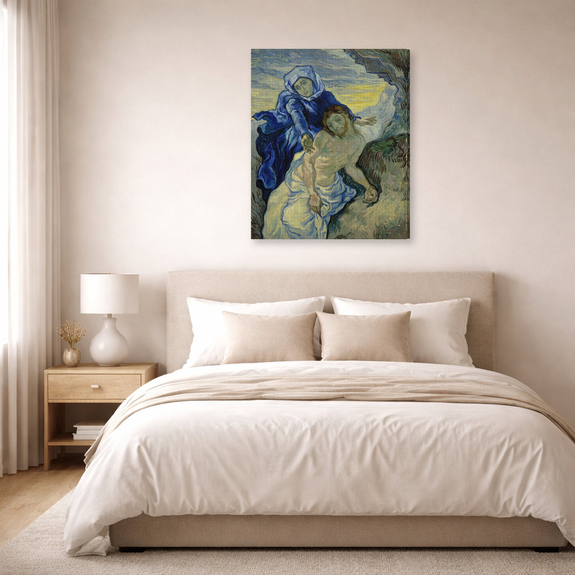 Gallery-wrapped canvas print of Vincent van Gogh's Pieta displayed on a wall in a bedroom
