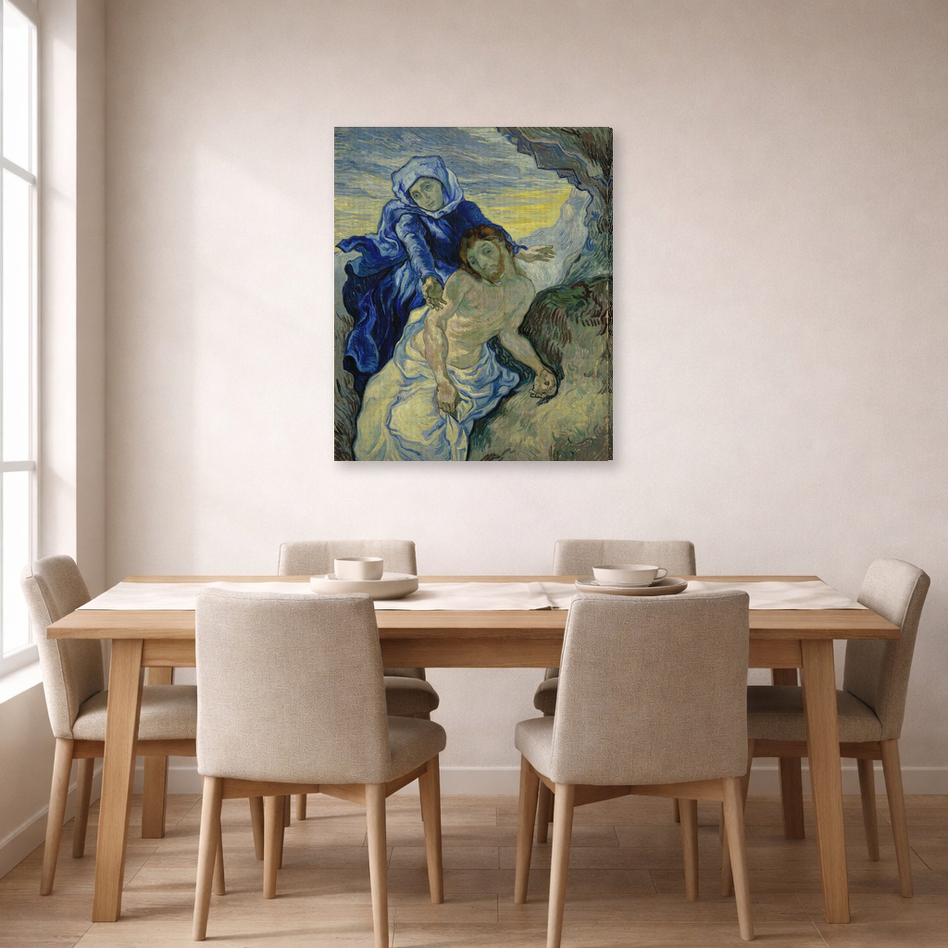 Gallery-wrapped canvas print of Vincent van Gogh's Pieta displayed on a wall in a dining room