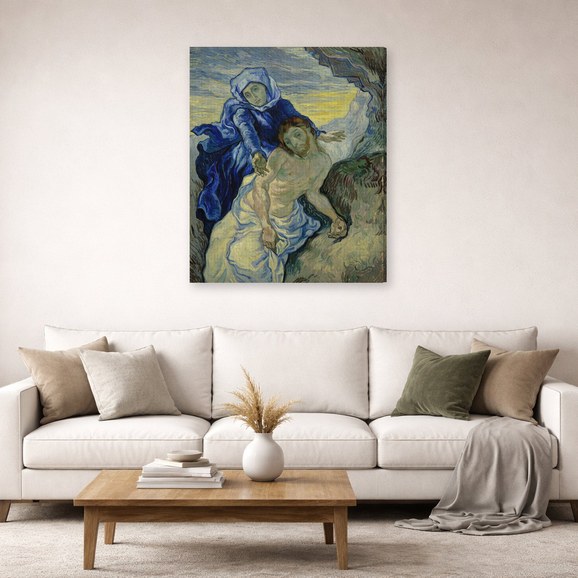 Gallery-wrapped canvas print of Vincent van Gogh's Pieta displayed on a wall in a living room