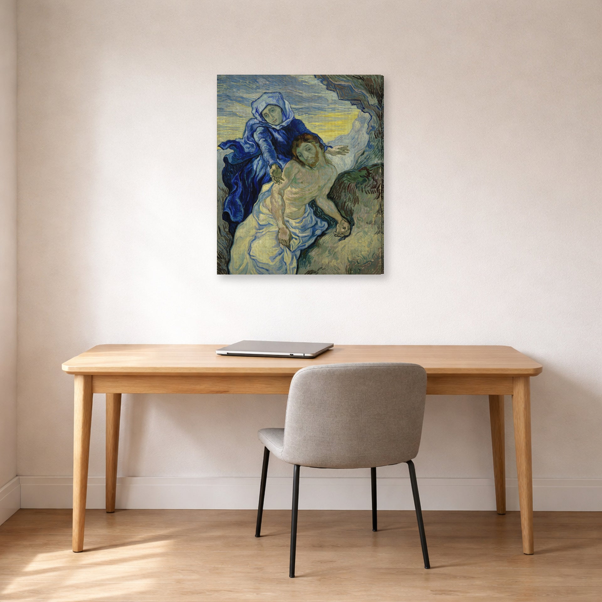 Gallery-wrapped canvas print of Vincent van Gogh's Pieta displayed on a wall in a home office