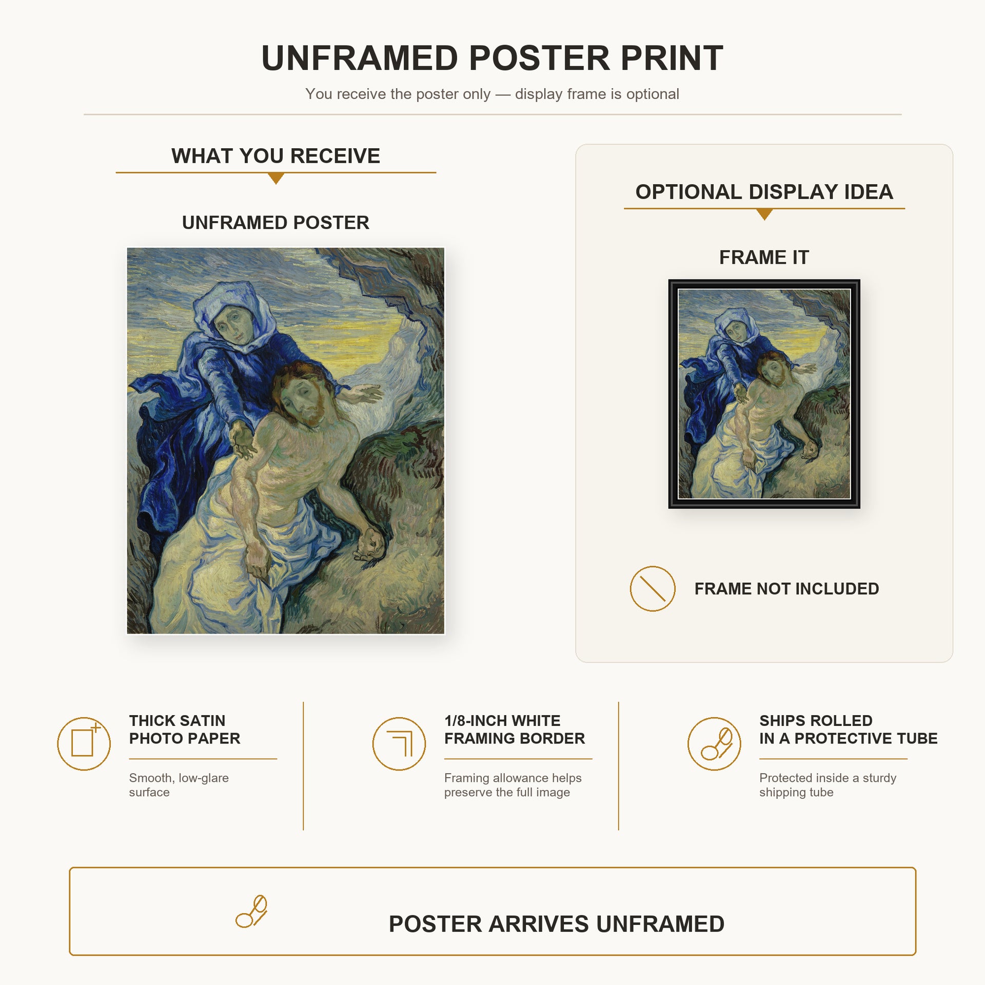 Vincent van Gogh - Pieta poster print size comparison and framing display infographic