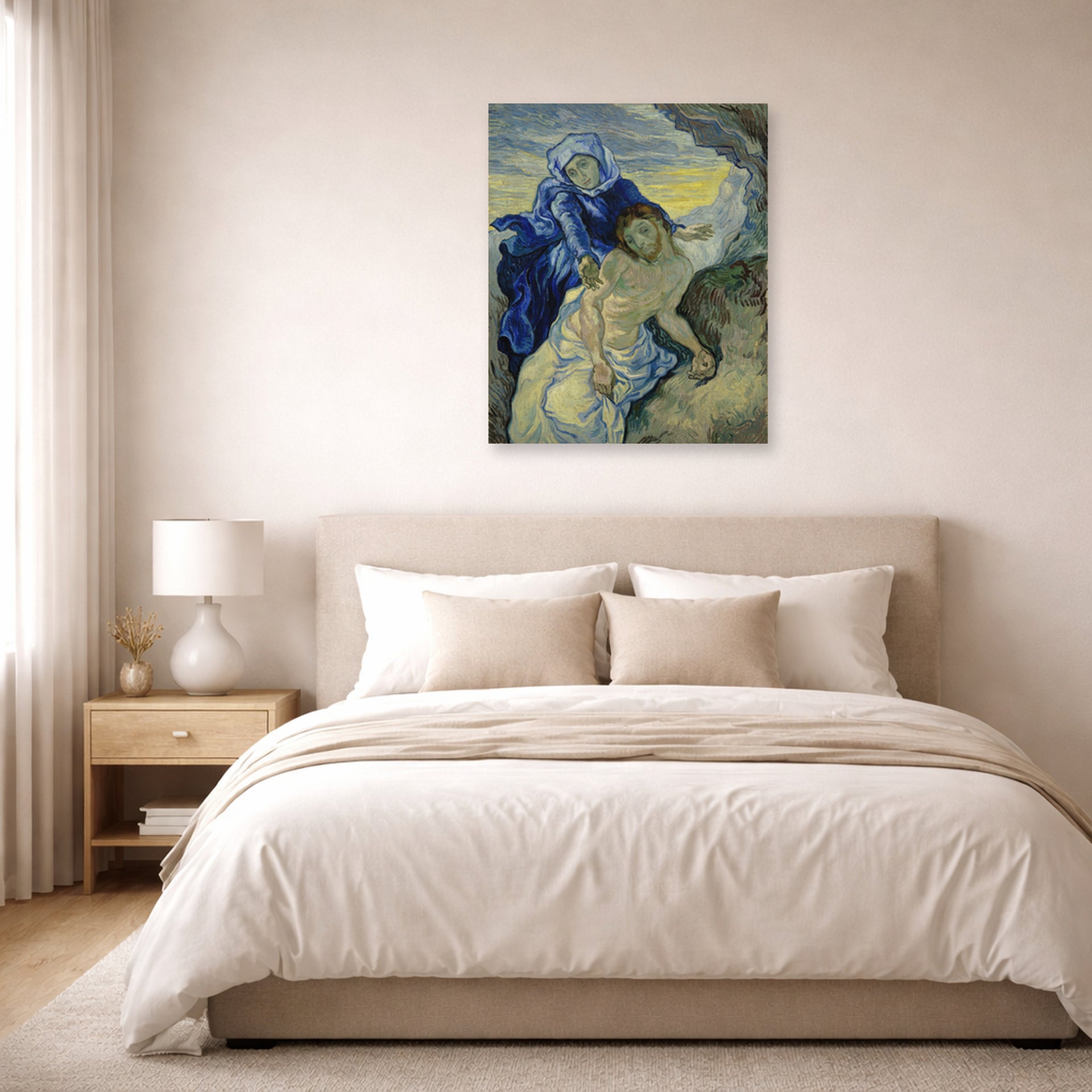 Unframed poster print of Vincent van Gogh's Pieta displayed on a wall in a bedroom