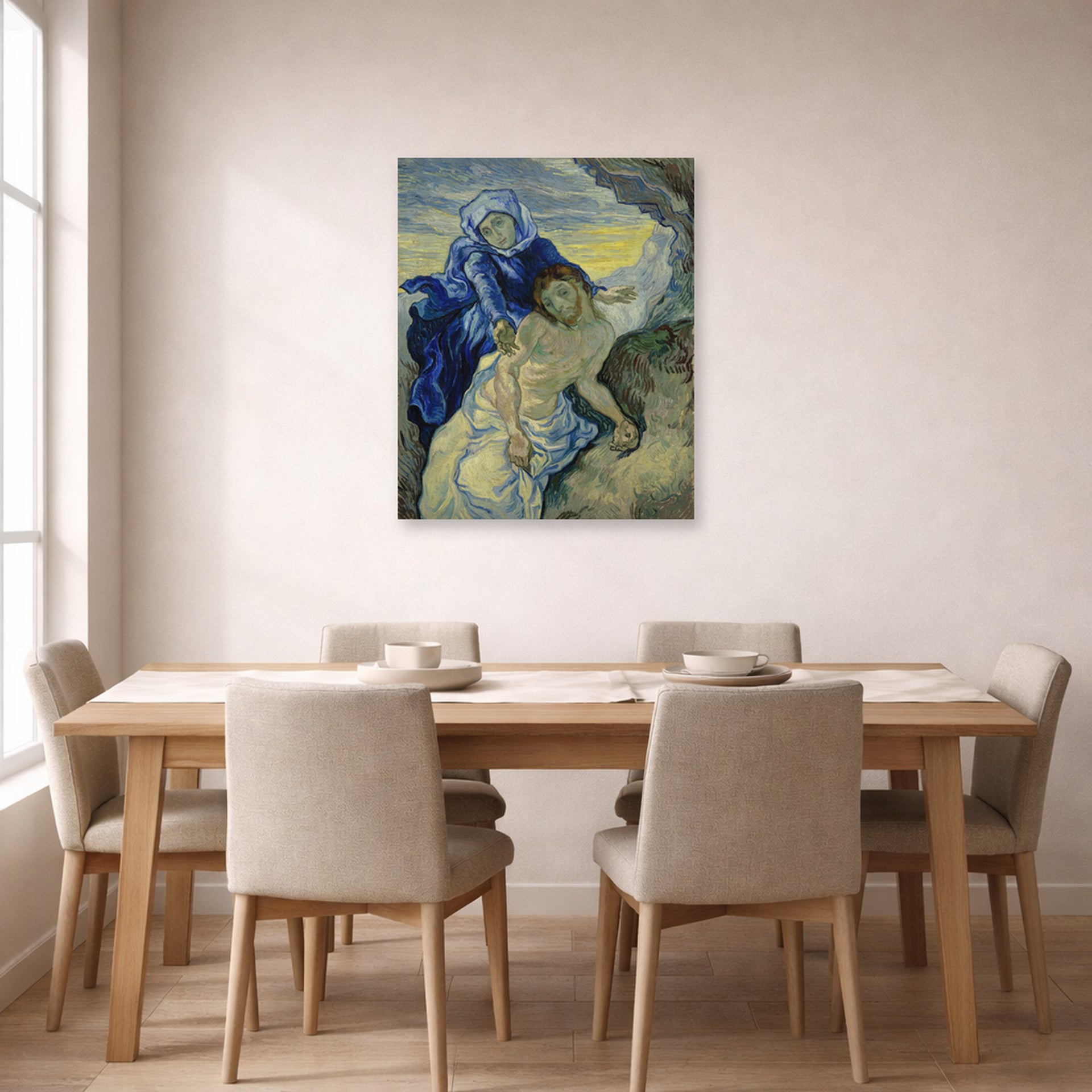 Unframed poster print of Vincent van Gogh's Pieta displayed on a wall in a dining room