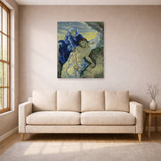 Unframed poster print of Vincent van Gogh's Pieta displayed on a wall in a living room