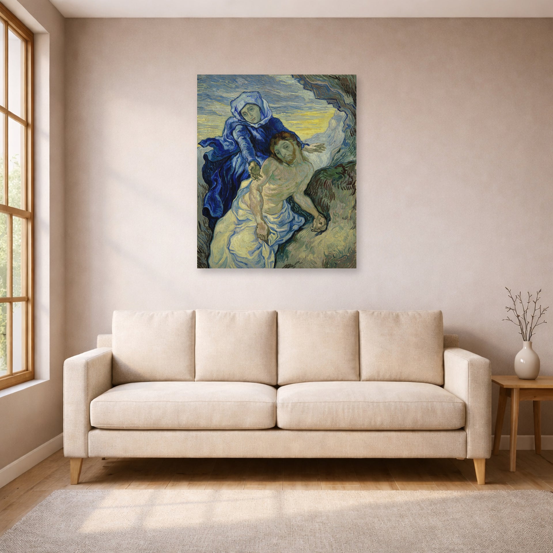 Unframed poster print of Vincent van Gogh's Pieta displayed on a wall in a living room
