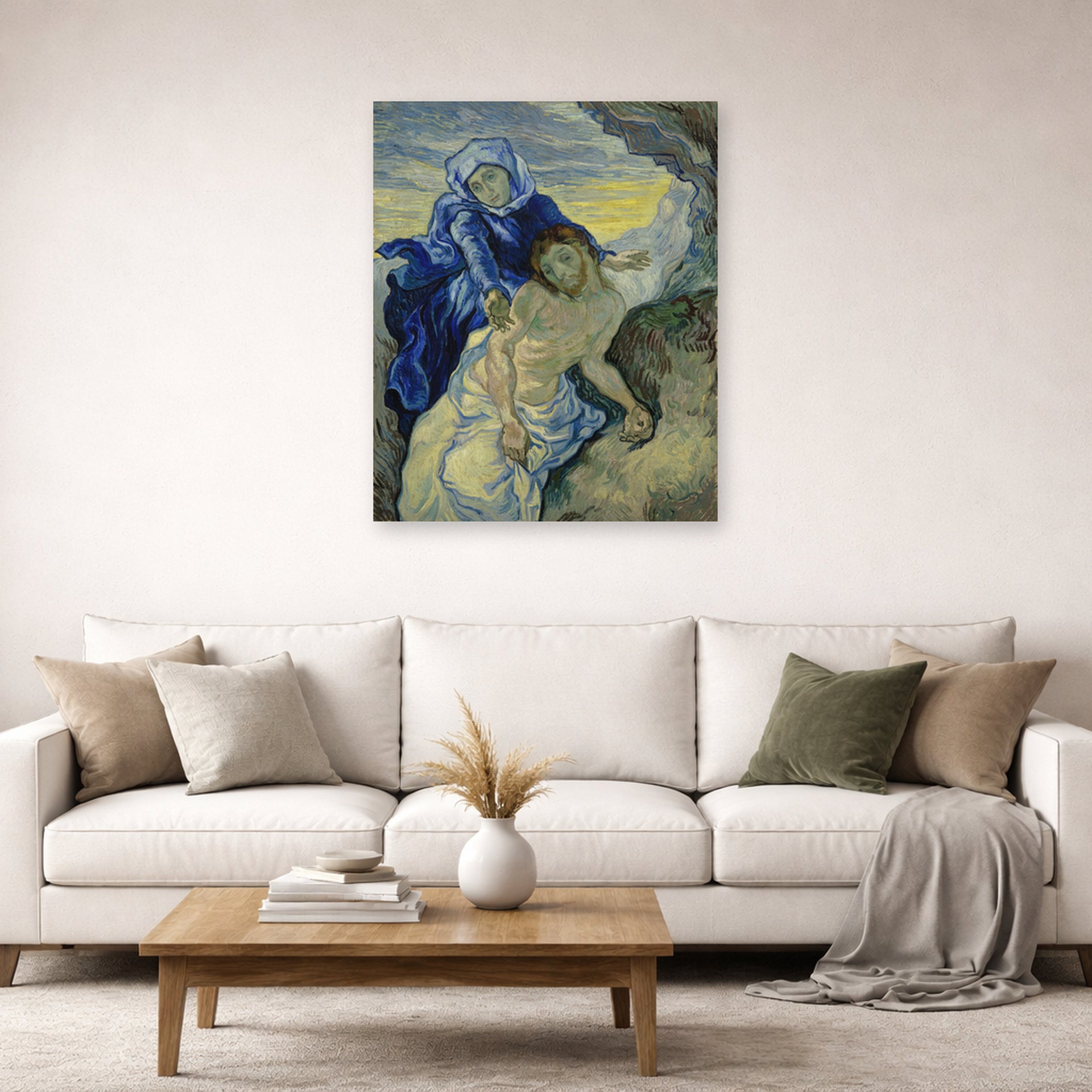 Unframed poster print of Vincent van Gogh's Pieta displayed on a wall in a living room