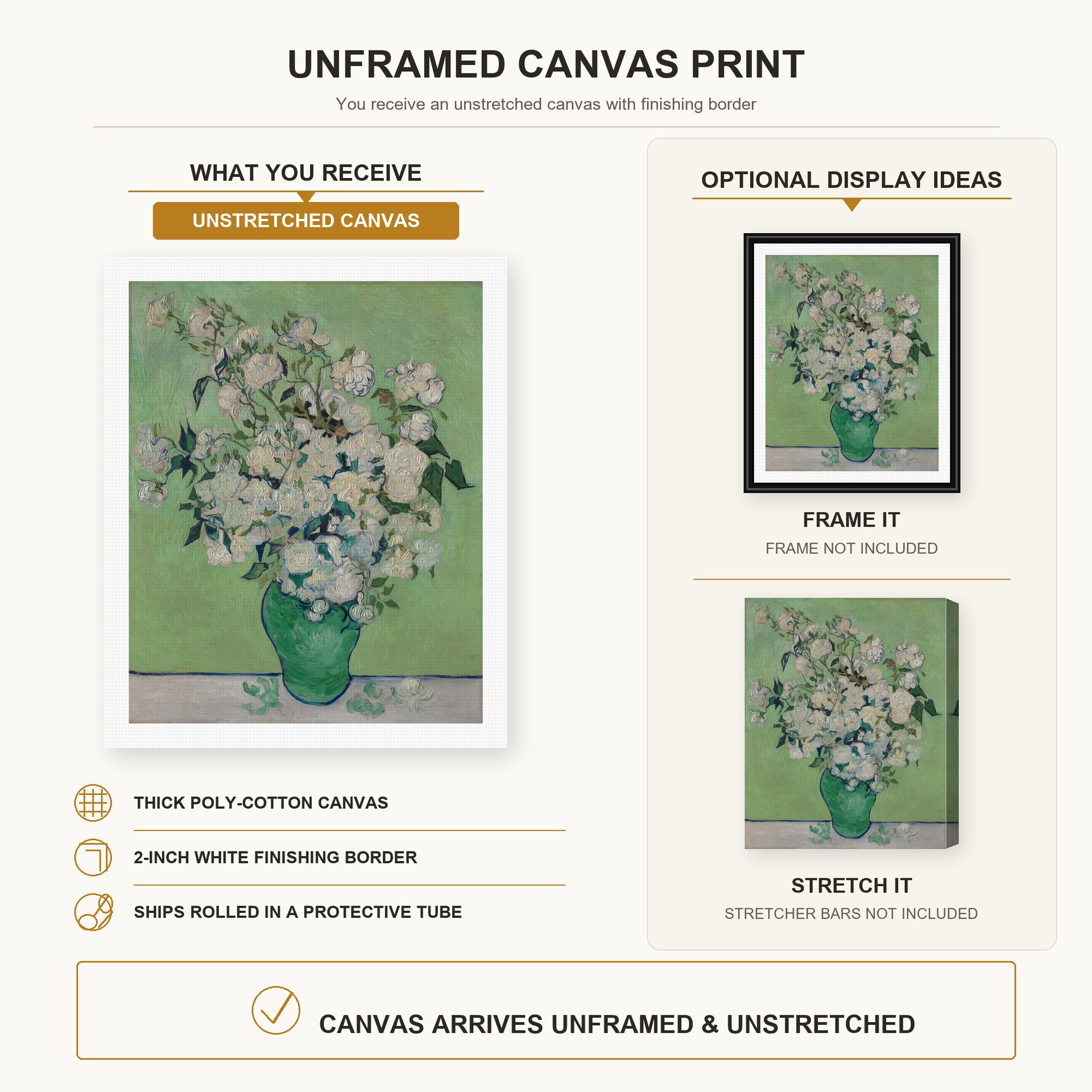 Vincent van Gogh - Pink Roses in a Vase canvas print size comparison and framing display infographic
