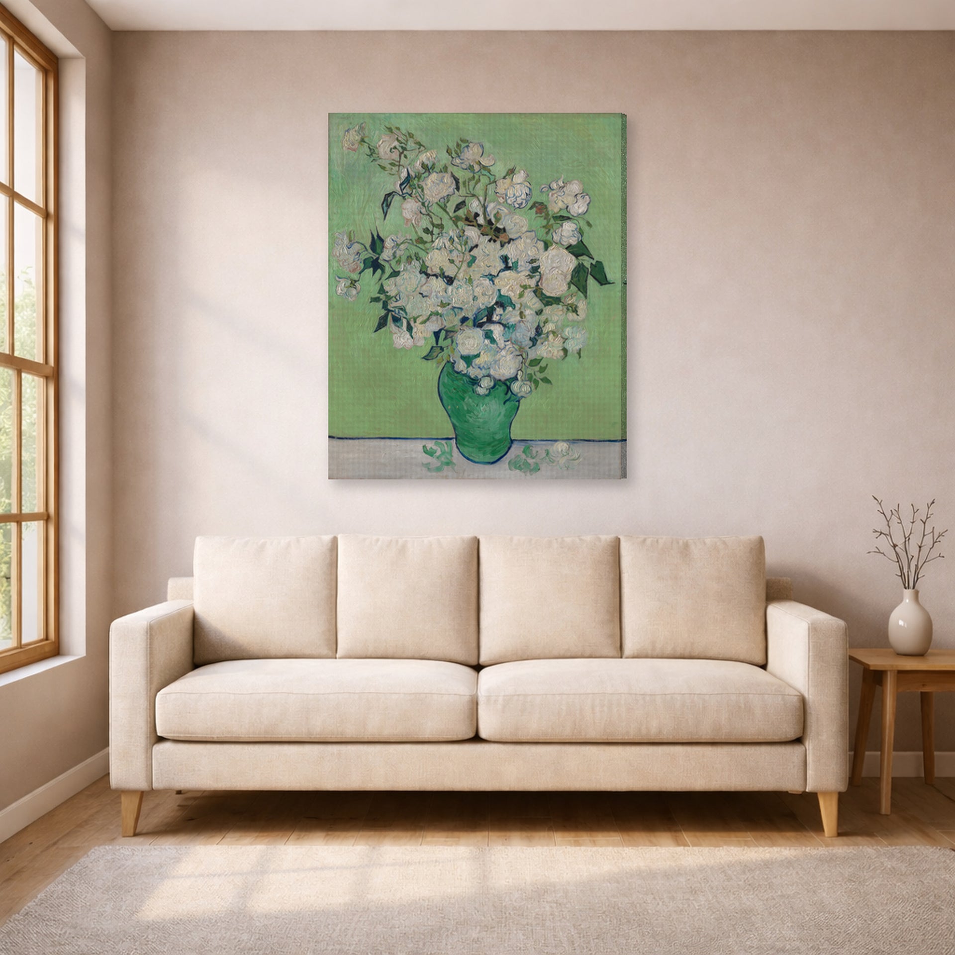 Gallery-wrapped canvas print of Vincent van Gogh's Pink Roses in a Vase displayed on a wall in a living room