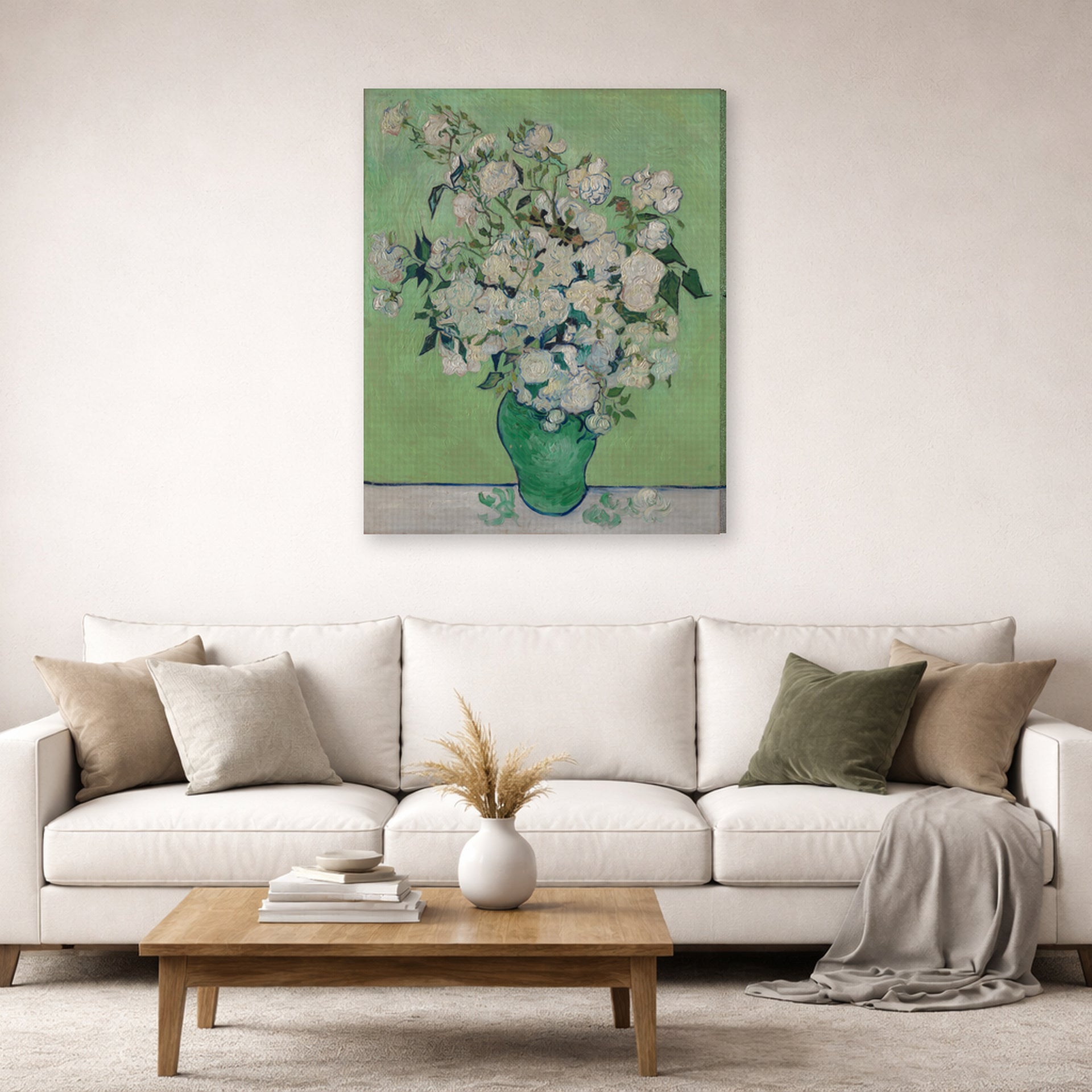 Gallery-wrapped canvas print of Vincent van Gogh's Pink Roses in a Vase displayed on a wall in a living room