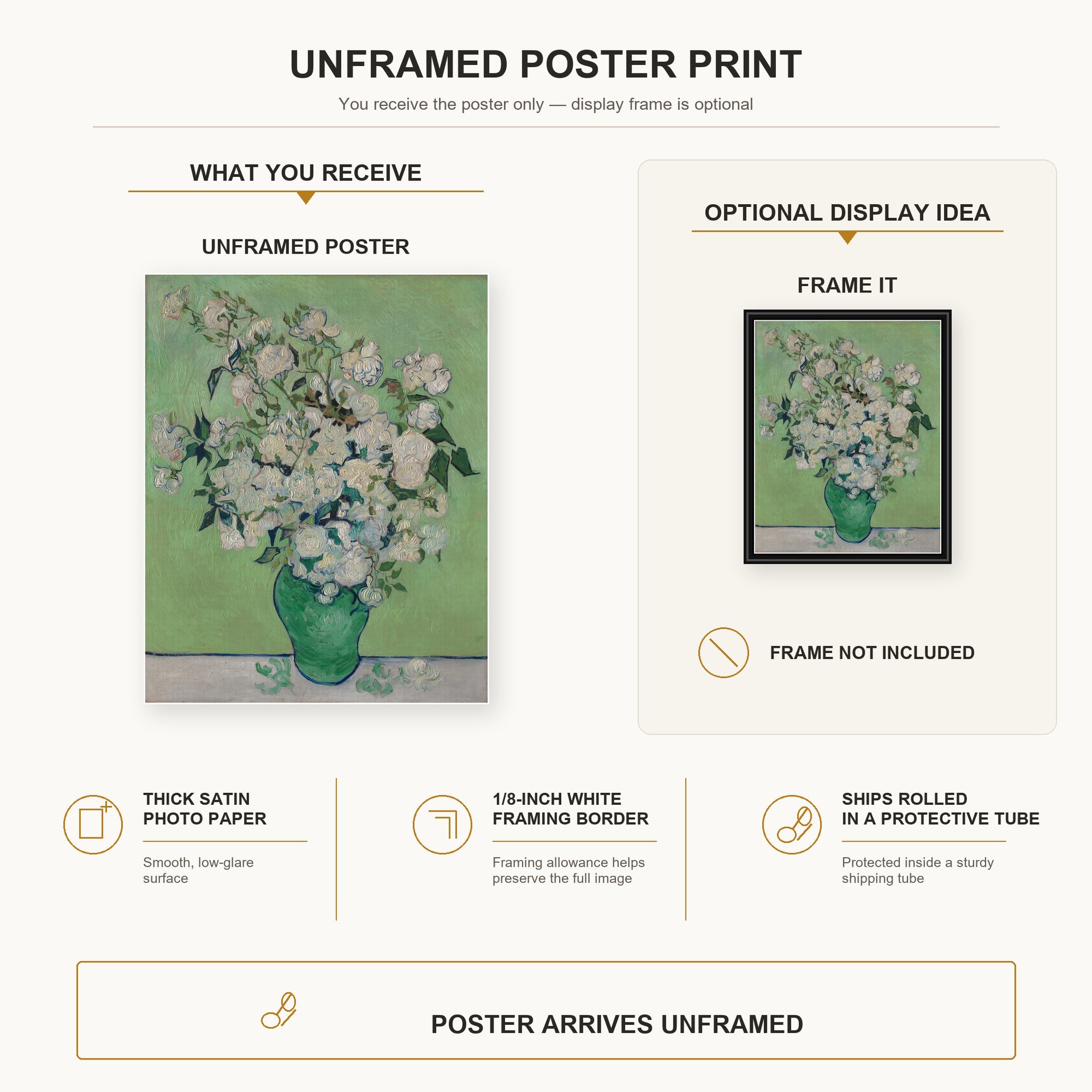 Vincent van Gogh - Pink Roses in a Vase poster print size comparison and framing display infographic