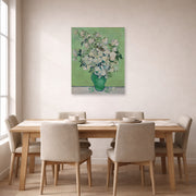 Unframed poster print of Vincent van Gogh's Pink Roses in a Vase displayed on a wall in a dining room