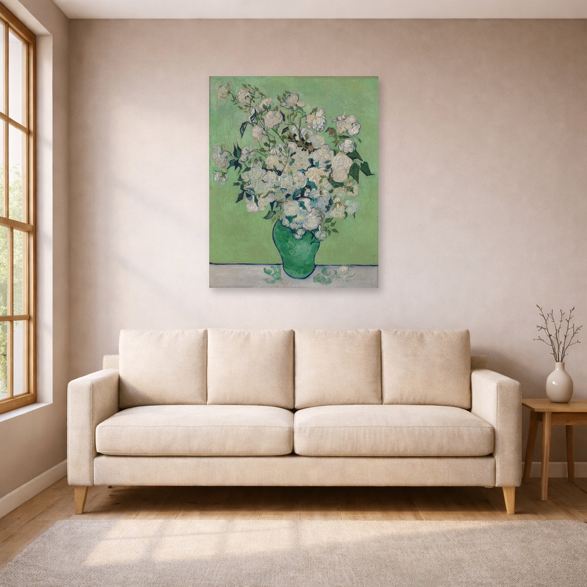 Unframed poster print of Vincent van Gogh's Pink Roses in a Vase displayed on a wall in a living room