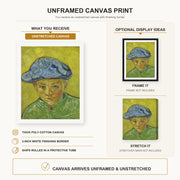 Vincent van Gogh - Portrait of Camille Roulin canvas print size comparison and framing display infographic
