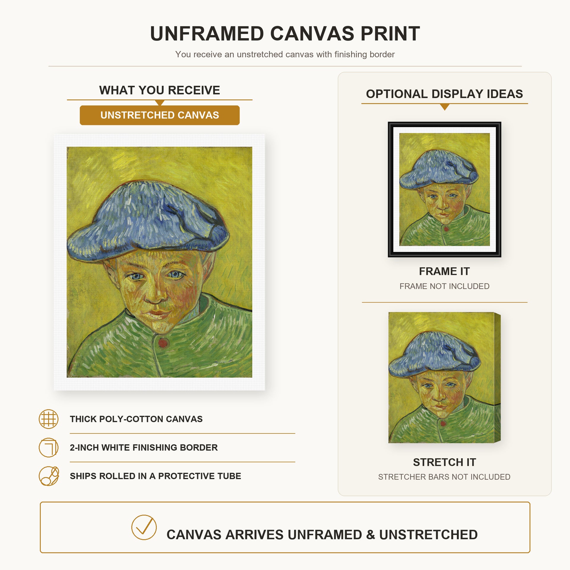 Vincent van Gogh - Portrait of Camille Roulin canvas print size comparison and framing display infographic