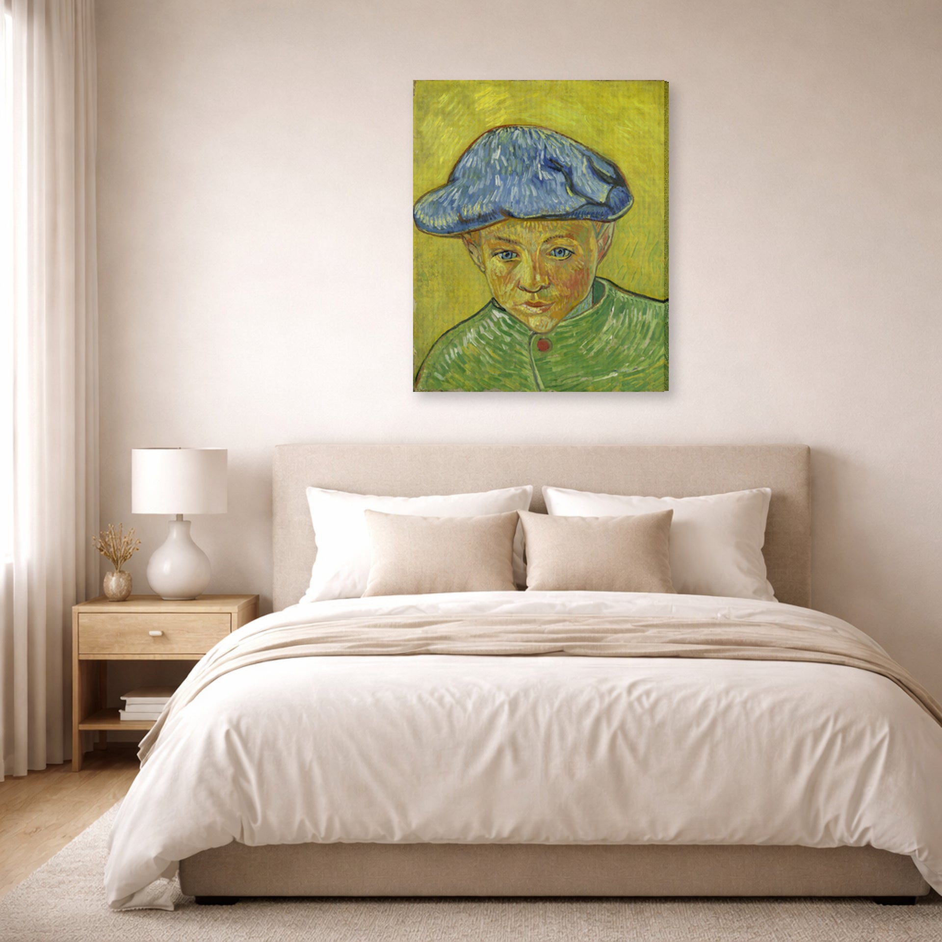 Gallery-wrapped canvas print of Vincent van Gogh's Portrait of Camille Roulin displayed on a wall in a bedroom