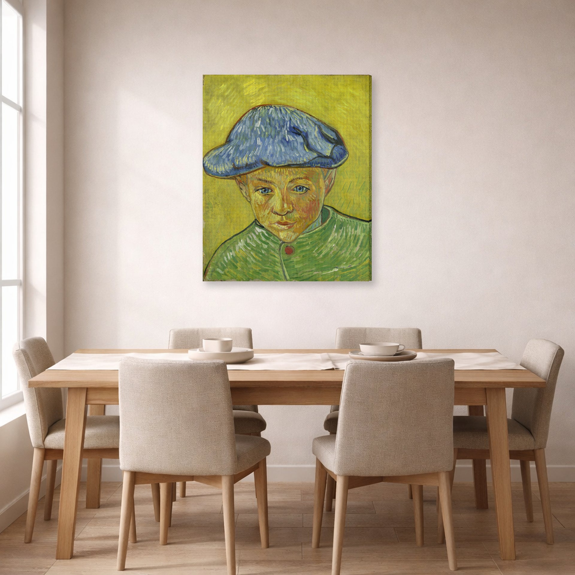 Gallery-wrapped canvas print of Vincent van Gogh's Portrait of Camille Roulin displayed on a wall in a dining room