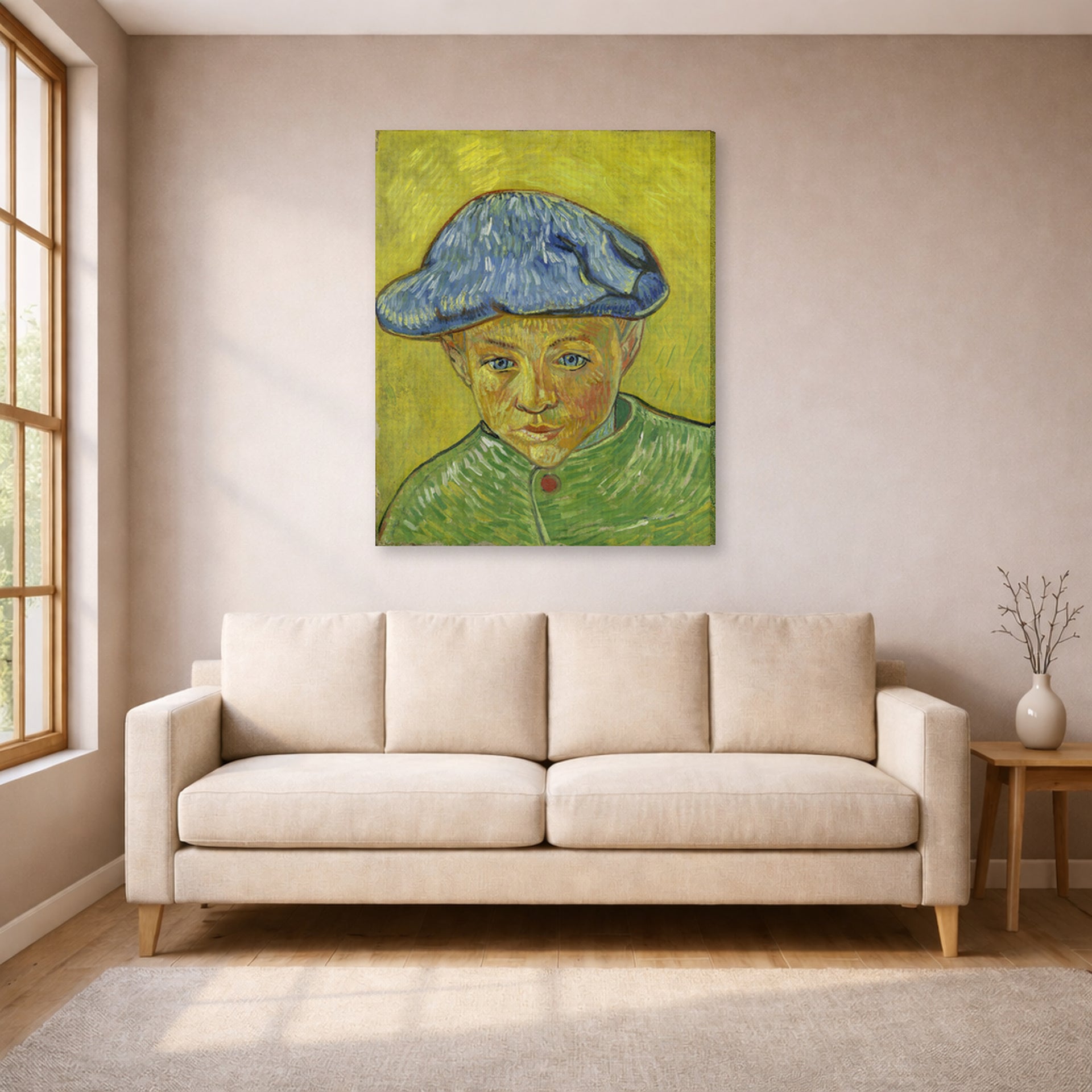 Gallery-wrapped canvas print of Vincent van Gogh's Portrait of Camille Roulin displayed on a wall in a living room