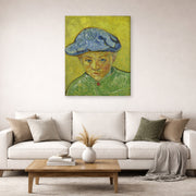 Gallery-wrapped canvas print of Vincent van Gogh's Portrait of Camille Roulin displayed on a wall in a living room