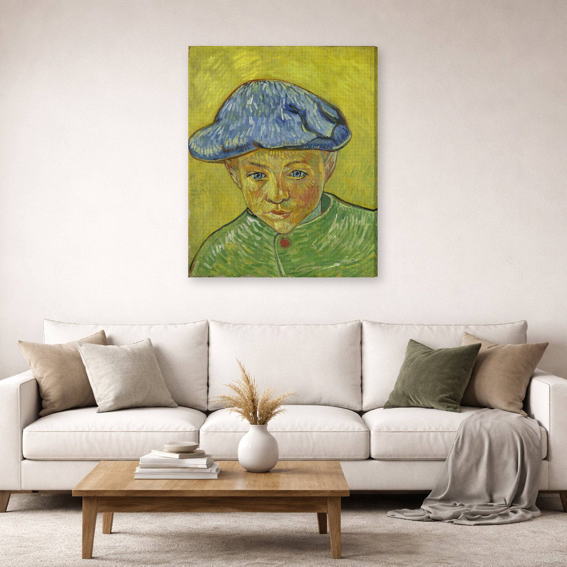 Gallery-wrapped canvas print of Vincent van Gogh's Portrait of Camille Roulin displayed on a wall in a living room