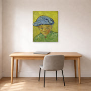 Gallery-wrapped canvas print of Vincent van Gogh's Portrait of Camille Roulin displayed on a wall in a home office