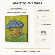 Vincent van Gogh - Portrait of Camille Roulin gallery wrap canvas construction and hanging details infographic