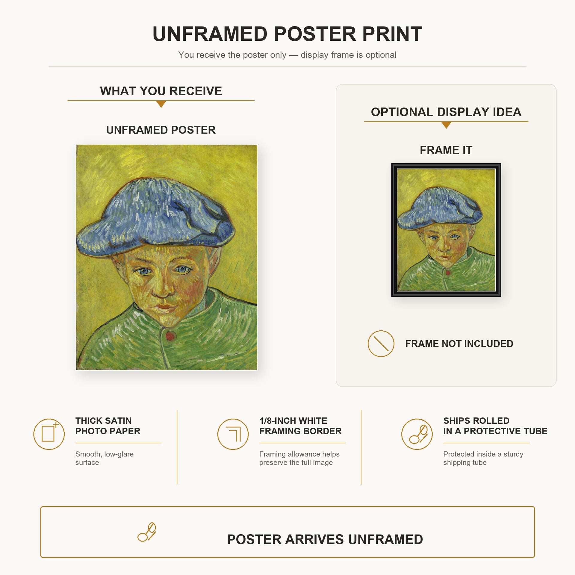 Vincent van Gogh - Portrait of Camille Roulin poster print size comparison and framing display infographic