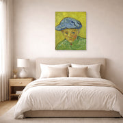 Unframed poster print of Vincent van Gogh's Portrait of Camille Roulin displayed on a wall in a bedroom