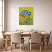 Unframed poster print of Vincent van Gogh's Portrait of Camille Roulin displayed on a wall in a dining room
