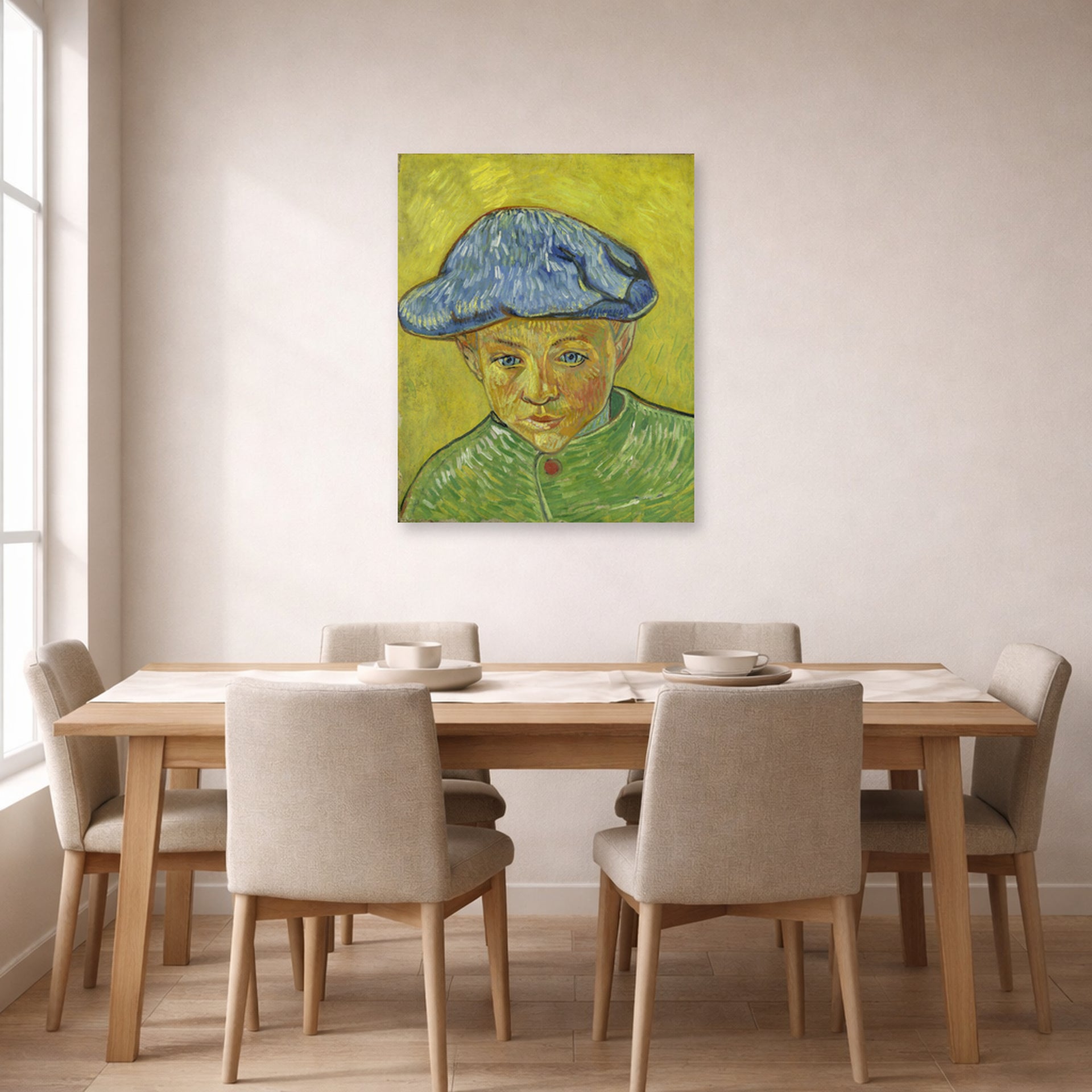 Unframed poster print of Vincent van Gogh's Portrait of Camille Roulin displayed on a wall in a dining room
