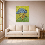 Unframed poster print of Vincent van Gogh's Portrait of Camille Roulin displayed on a wall in a living room