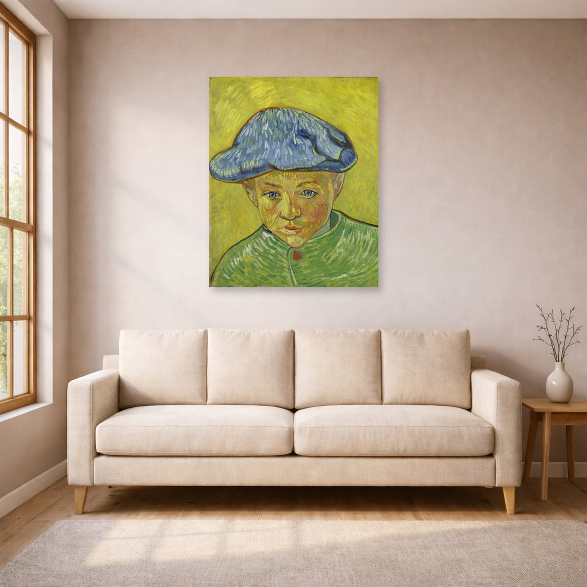 Unframed poster print of Vincent van Gogh's Portrait of Camille Roulin displayed on a wall in a living room