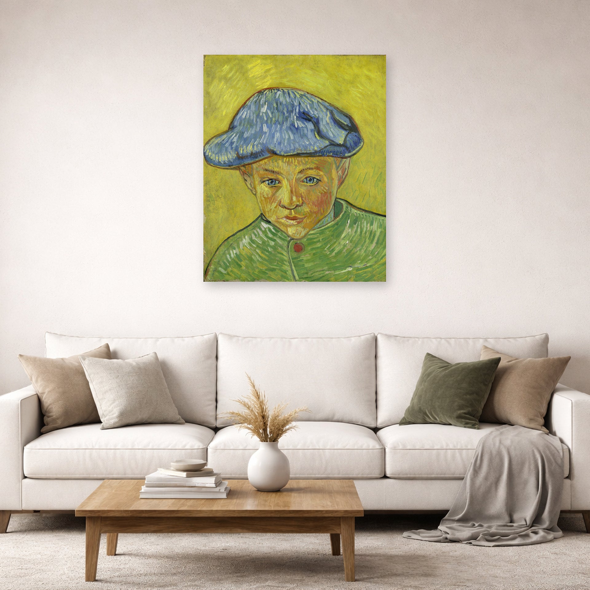Unframed poster print of Vincent van Gogh's Portrait of Camille Roulin displayed on a wall in a living room