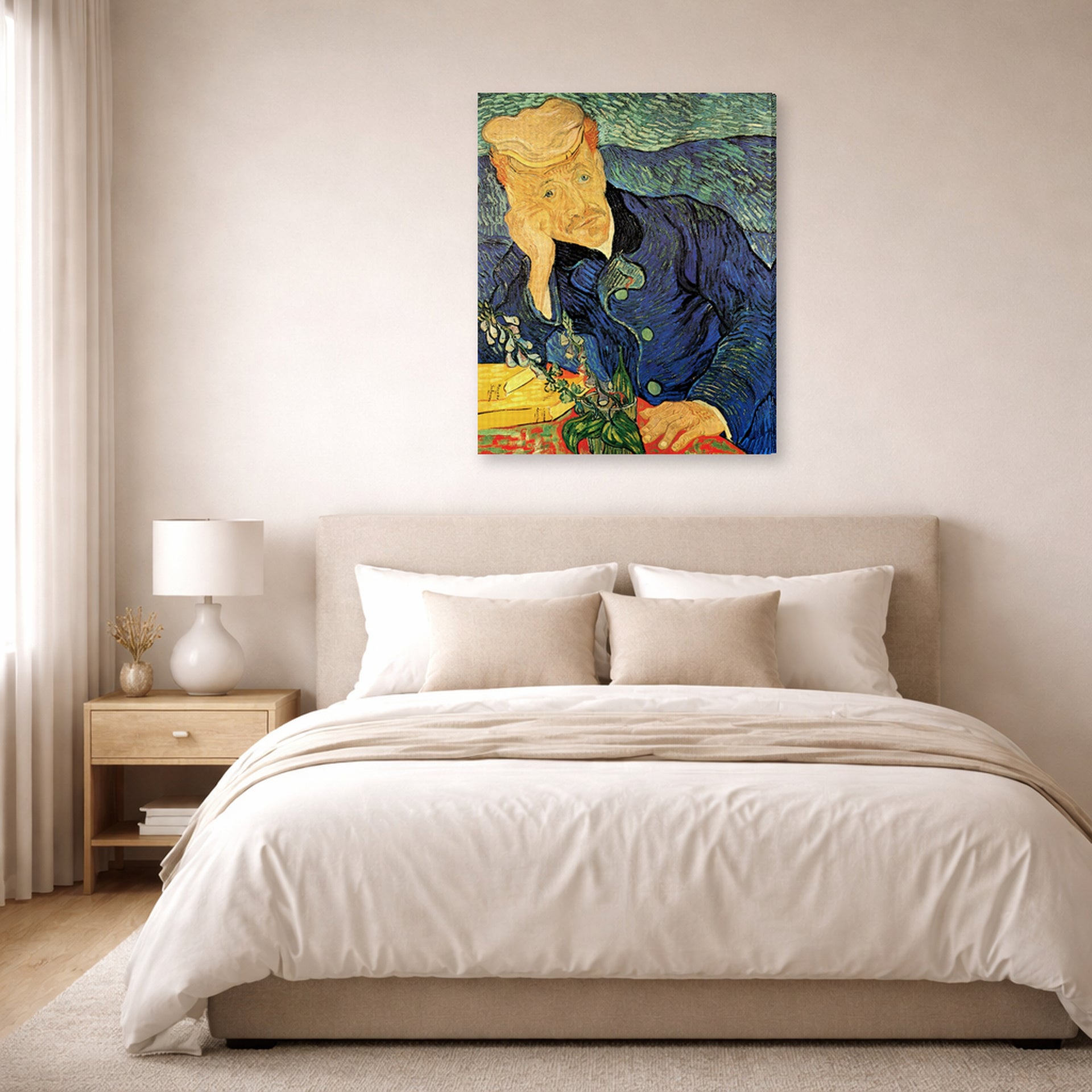 Gallery-wrapped canvas print of Vincent van Gogh's Portrait of Dr. Gachet displayed on a wall in a bedroom