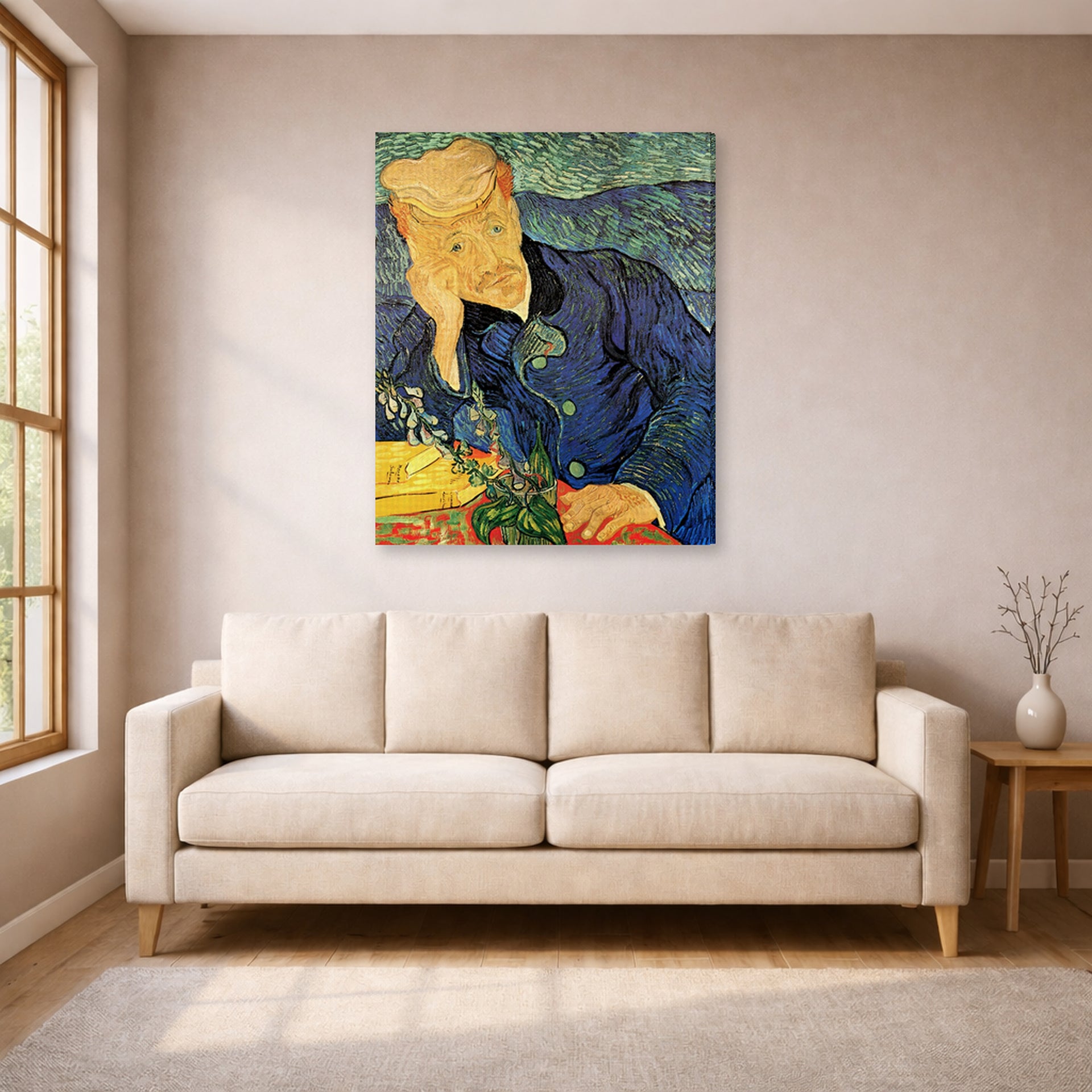 Gallery-wrapped canvas print of Vincent van Gogh's Portrait of Dr. Gachet displayed on a wall in a living room
