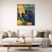 Gallery-wrapped canvas print of Vincent van Gogh's Portrait of Dr. Gachet displayed on a wall in a living room