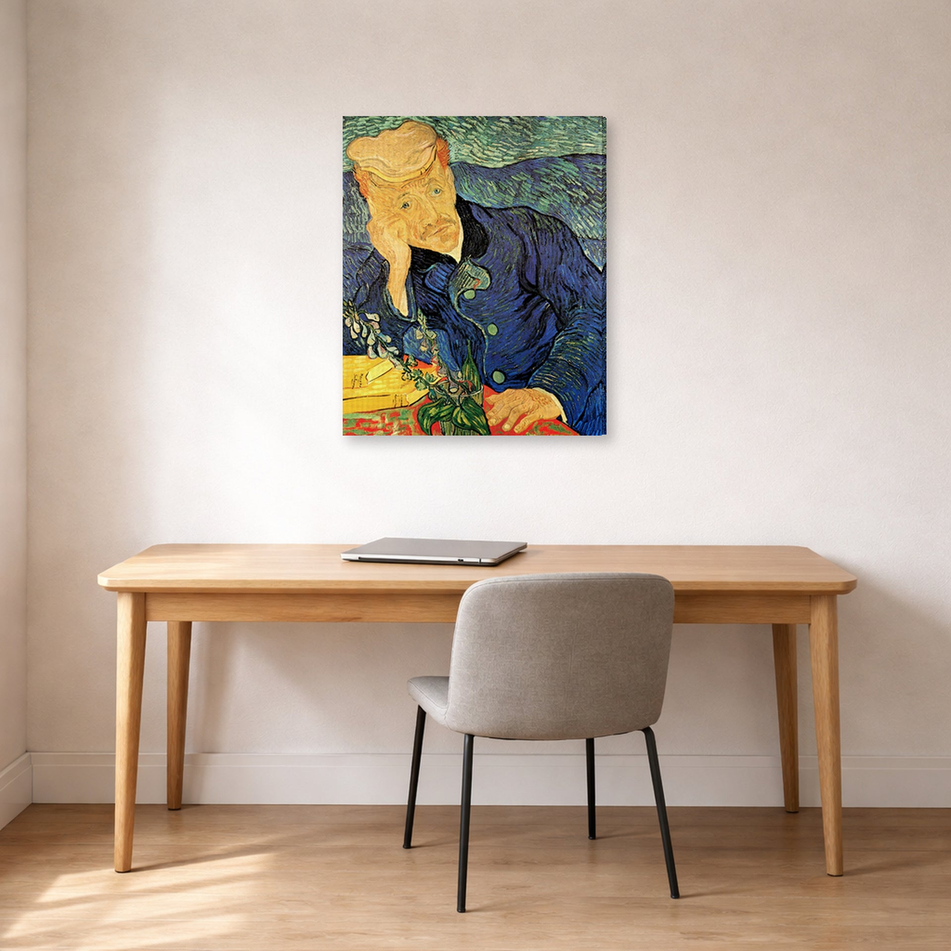 Gallery-wrapped canvas print of Vincent van Gogh's Portrait of Dr. Gachet displayed on a wall in a home office