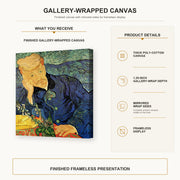 Vincent van Gogh - Portrait of Dr. Gachet gallery wrap canvas construction and hanging details infographic