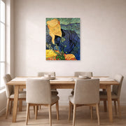 Unframed poster print of Vincent van Gogh's Portrait of Dr. Gachet displayed on a wall in a dining room