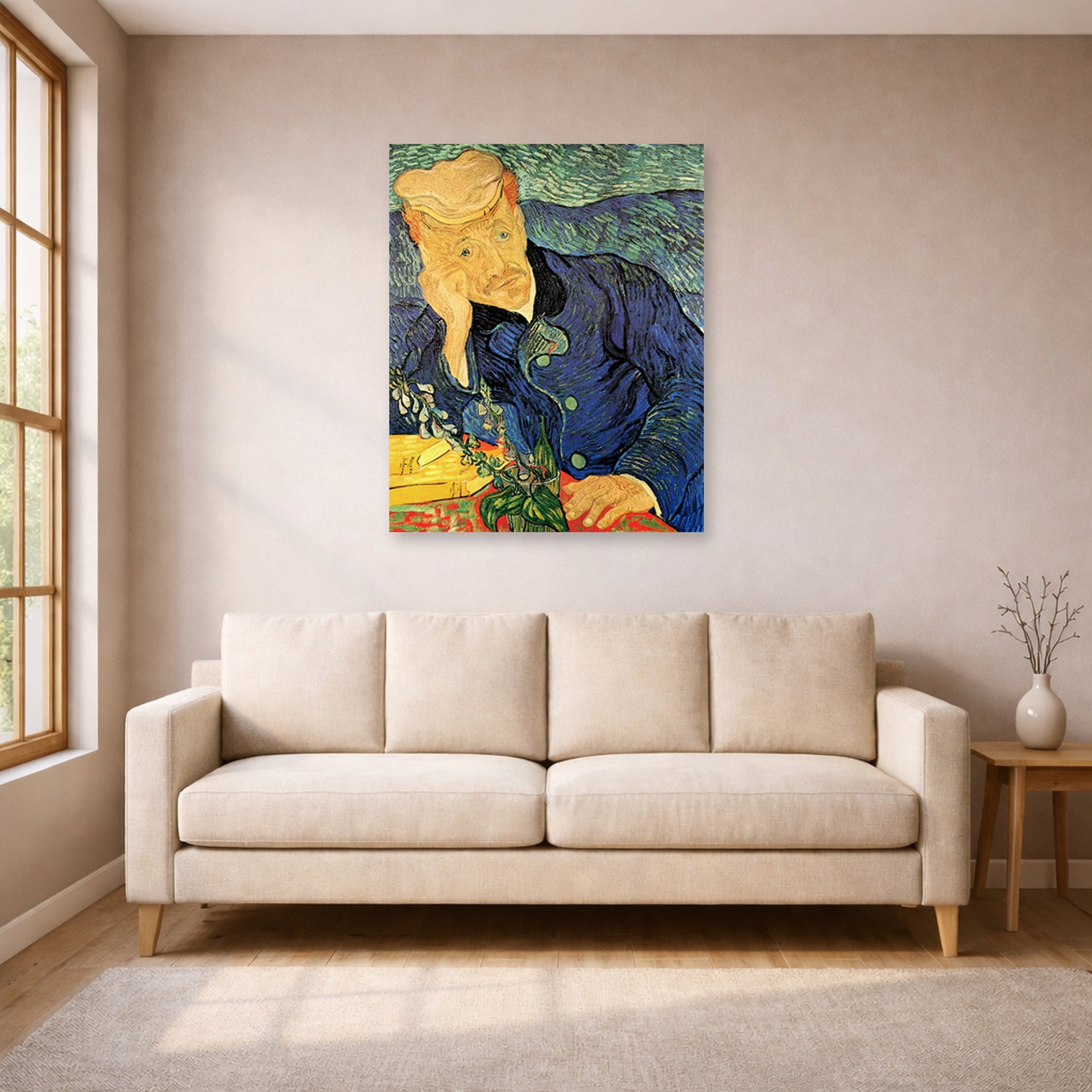 Unframed poster print of Vincent van Gogh's Portrait of Dr. Gachet displayed on a wall in a living room