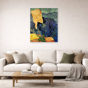 Unframed poster print of Vincent van Gogh's Portrait of Dr. Gachet displayed on a wall in a living room