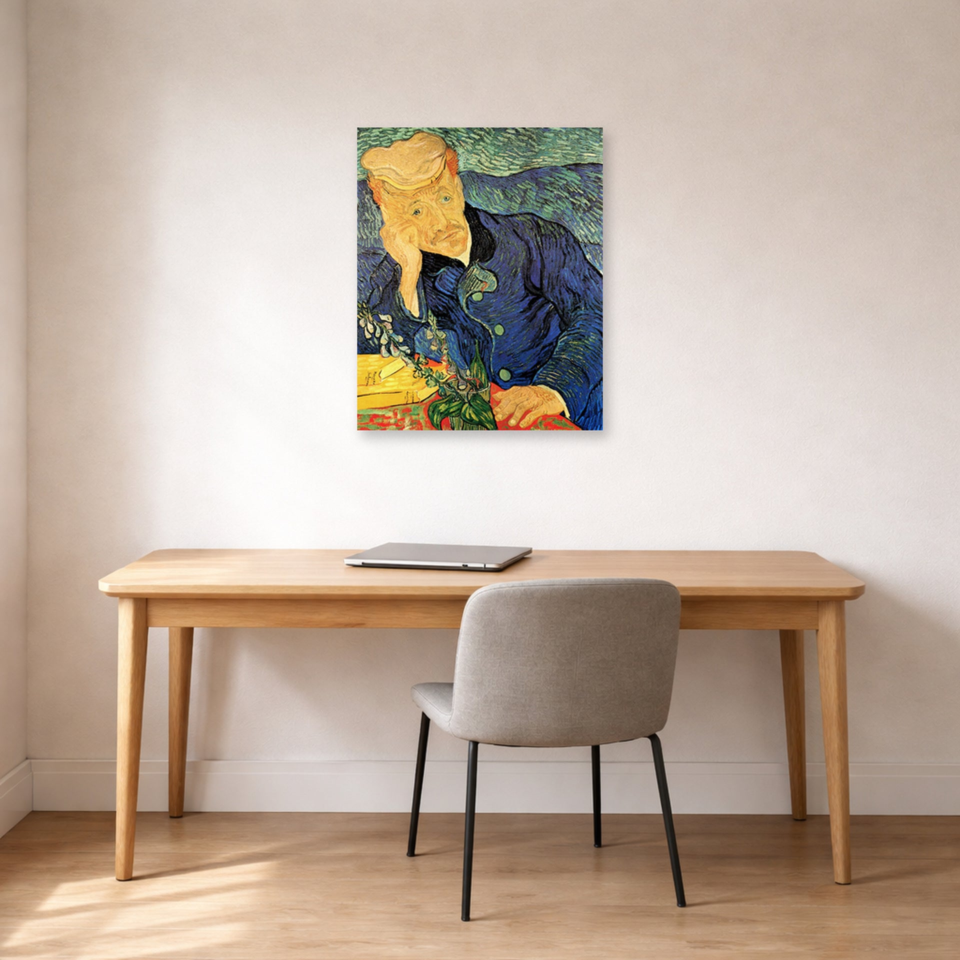 Unframed poster print of Vincent van Gogh's Portrait of Dr. Gachet displayed on a wall in a home office
