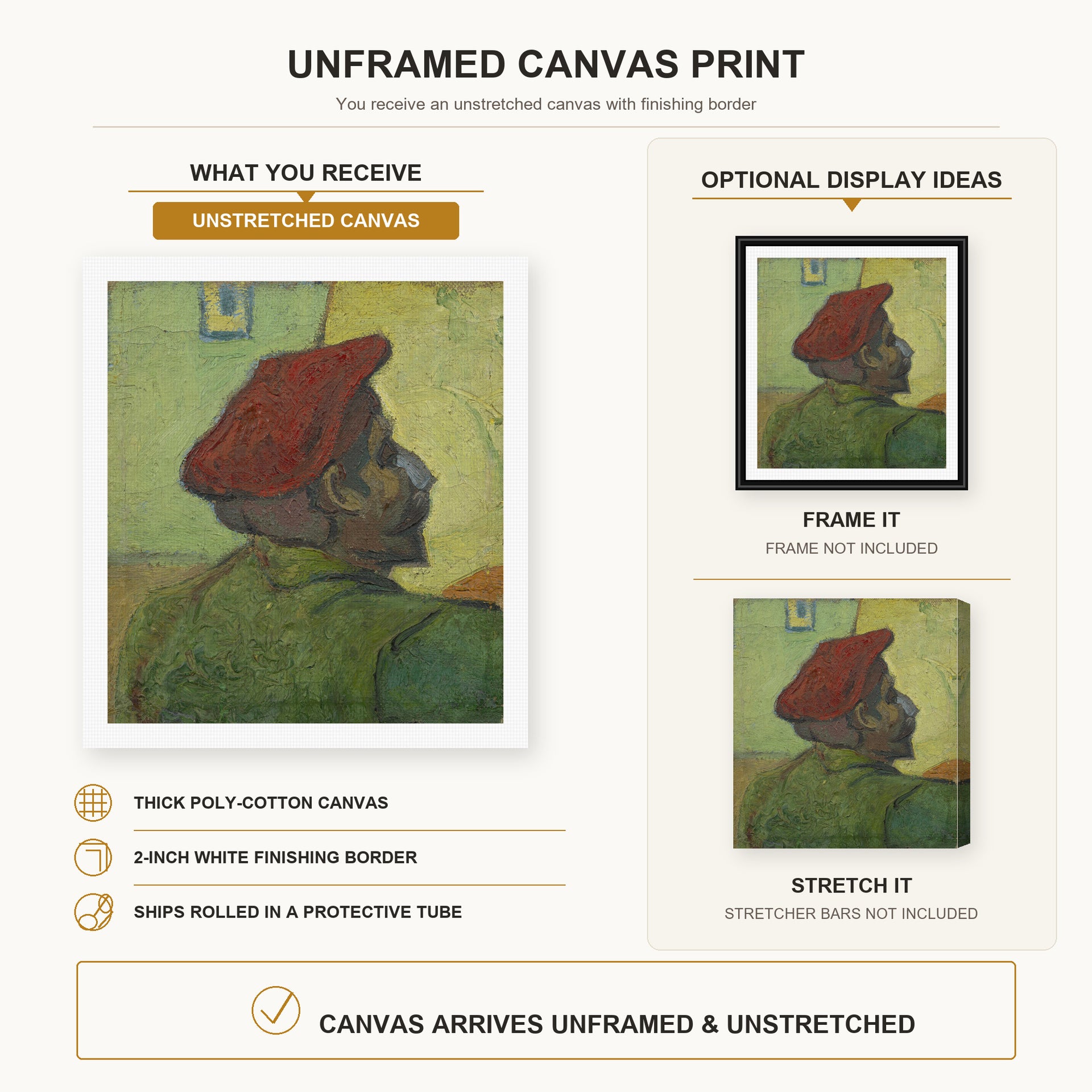 Vincent van Gogh - Portrait of Gauguin canvas print size comparison and framing display infographic