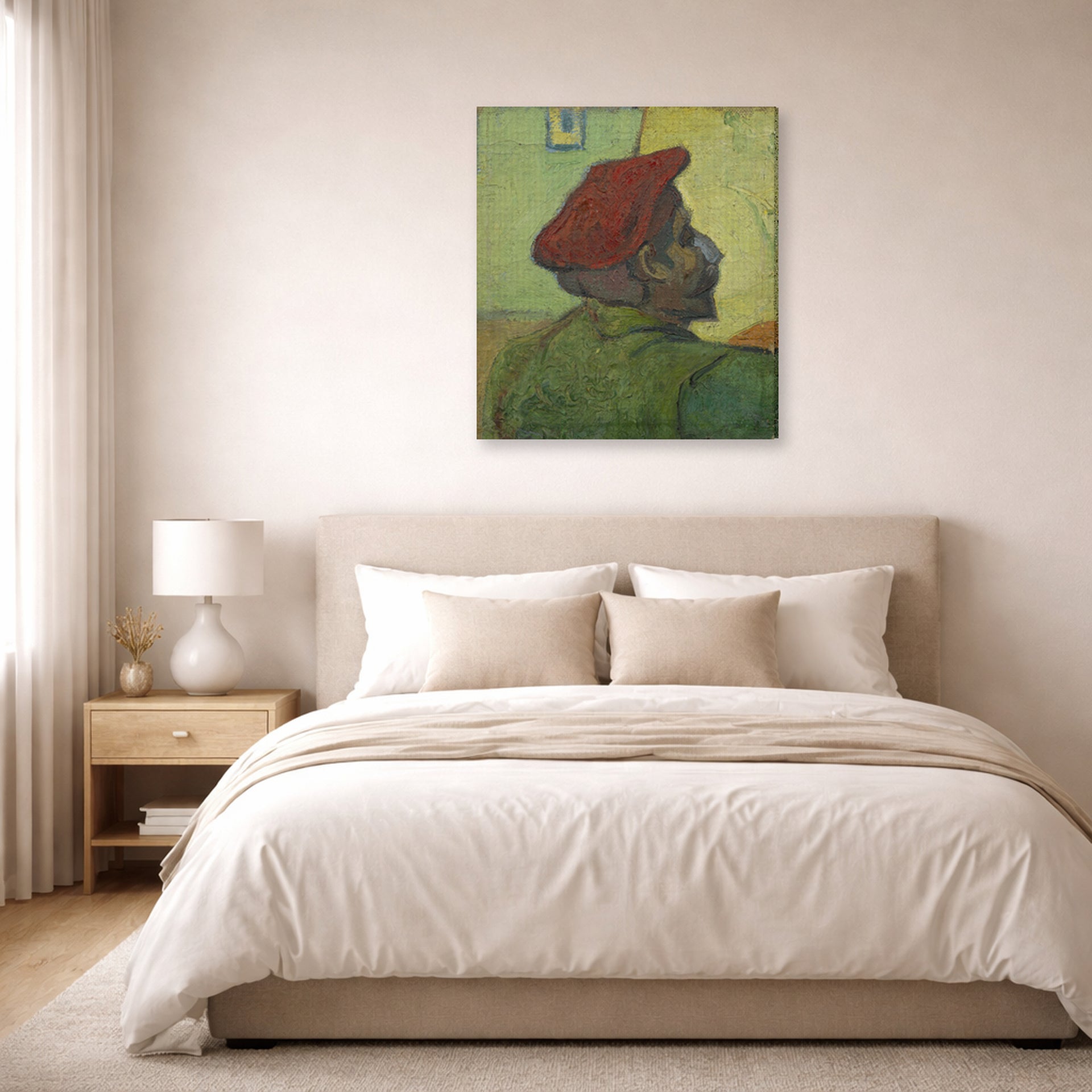Gallery-wrapped canvas print of Vincent van Gogh's Portrait of Gauguin displayed on a wall in a bedroom