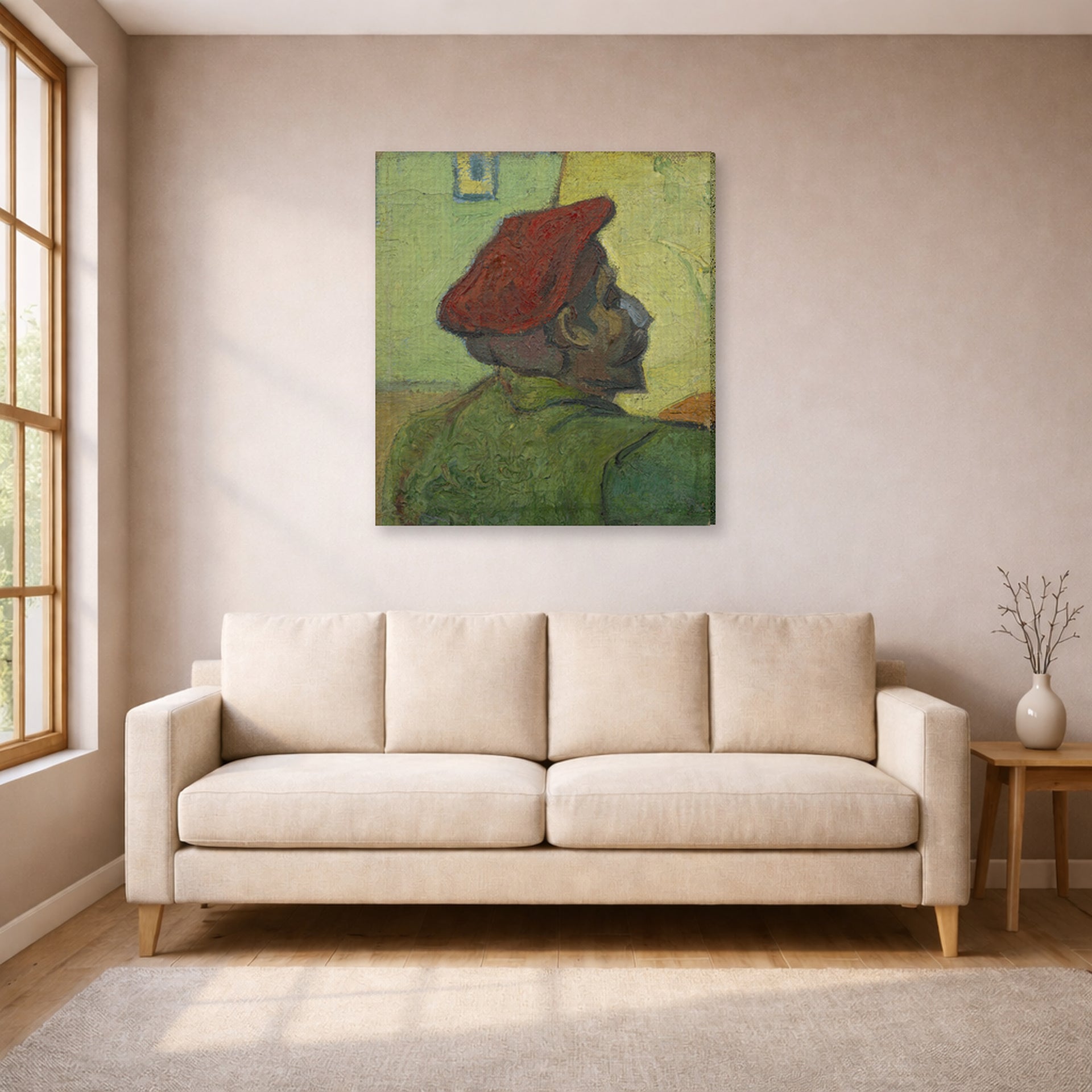 Gallery-wrapped canvas print of Vincent van Gogh's Portrait of Gauguin displayed on a wall in a living room