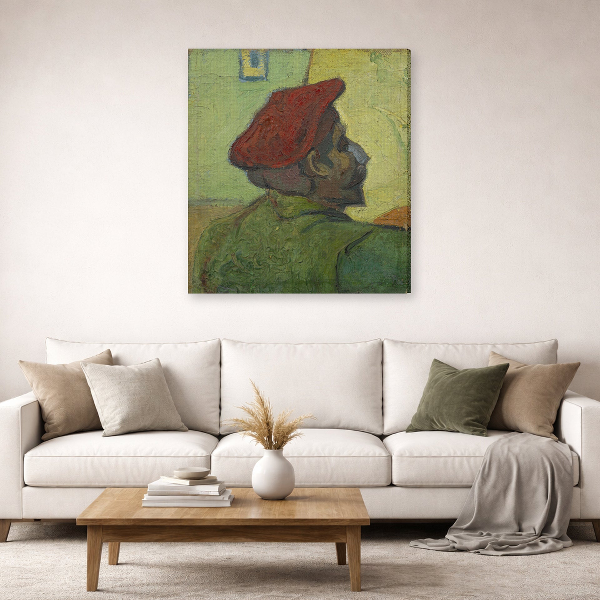 Gallery-wrapped canvas print of Vincent van Gogh's Portrait of Gauguin displayed on a wall in a living room