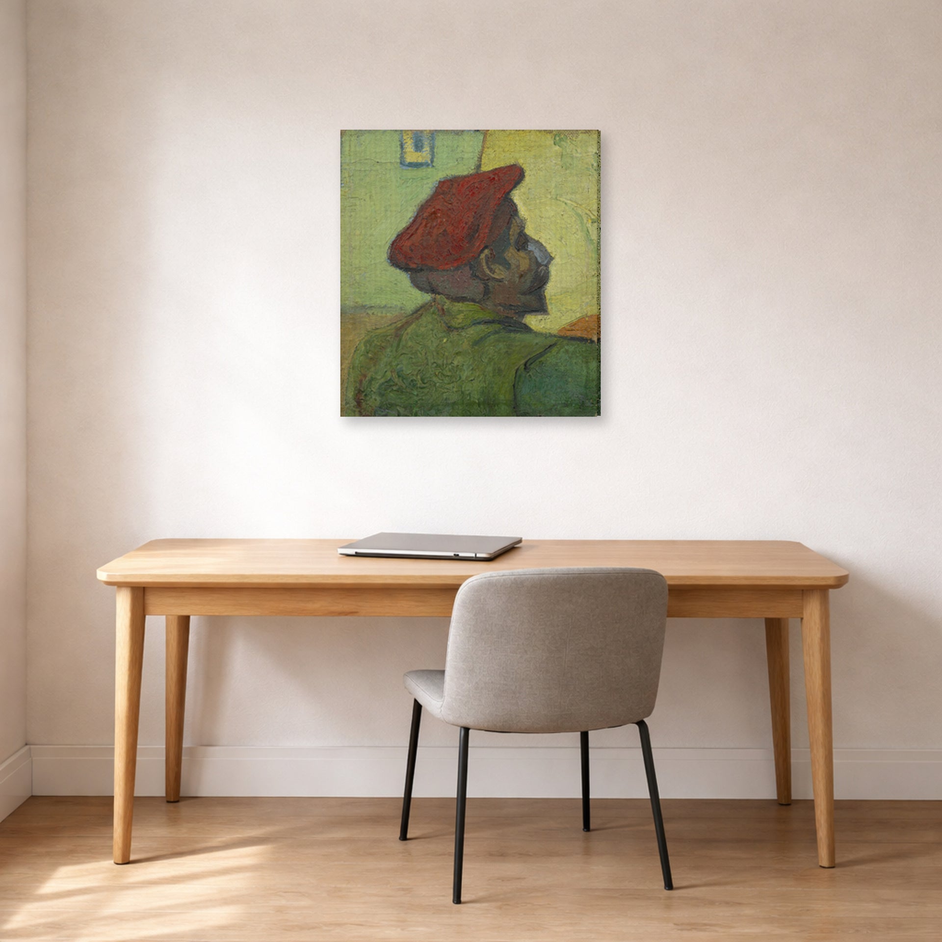Gallery-wrapped canvas print of Vincent van Gogh's Portrait of Gauguin displayed on a wall in a home office