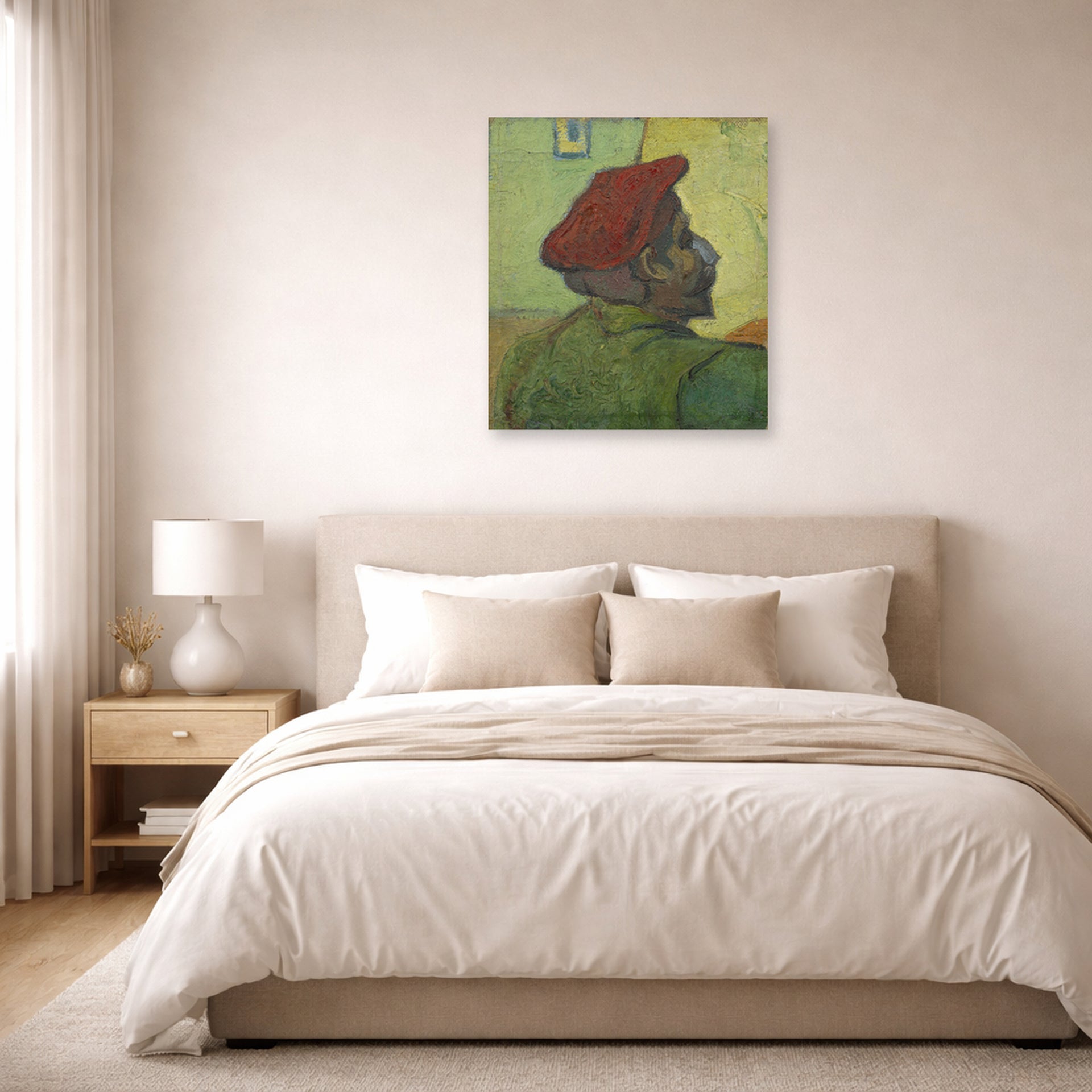 Unframed poster print of Vincent van Gogh's Portrait of Gauguin displayed on a wall in a bedroom