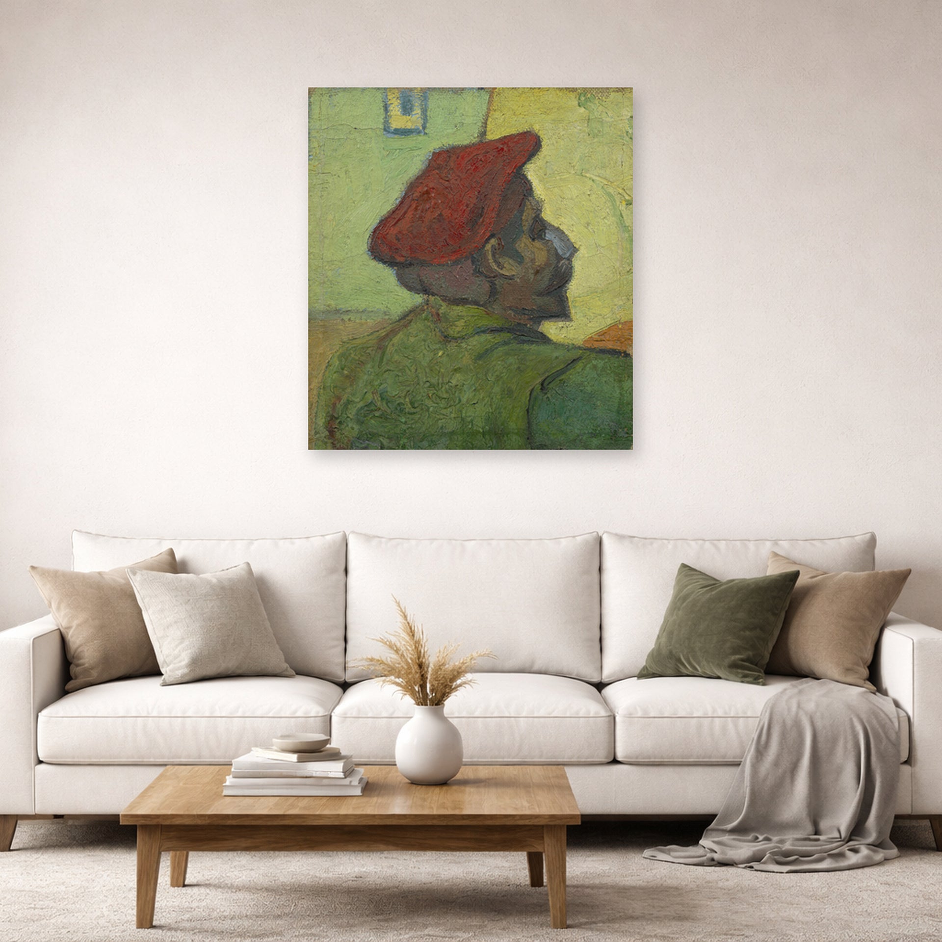 Unframed poster print of Vincent van Gogh's Portrait of Gauguin displayed on a wall in a living room